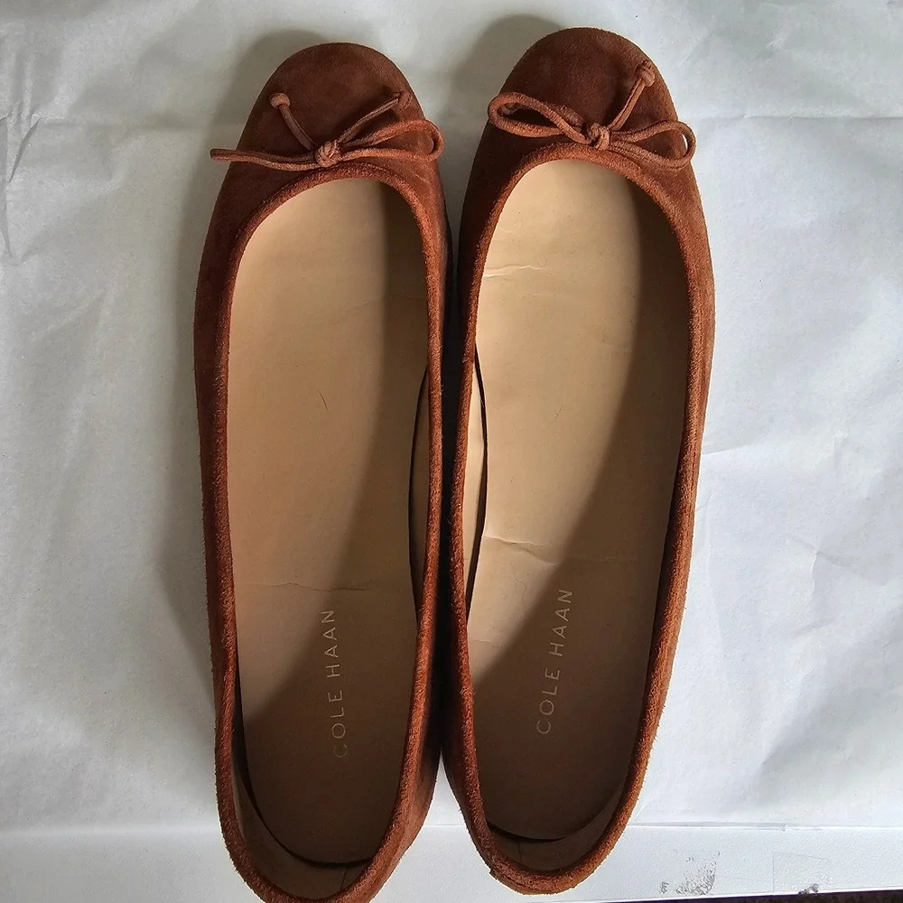 Cole Haan Pecan Brown Suede Ballet Flats Bow Round Toe Womens 10.5